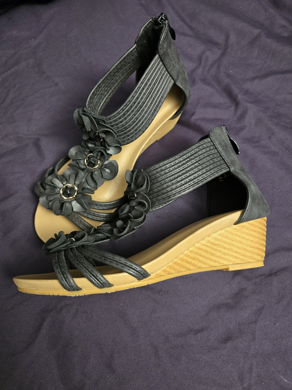 Black Floral Wedge Sandals for Women